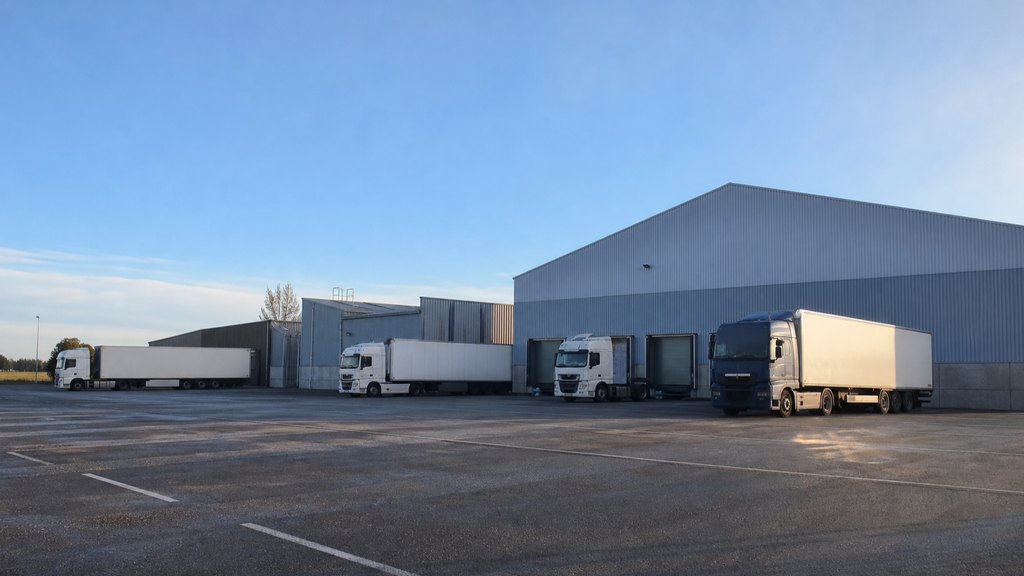 Zone d'activité logistique vue depuis un parking, entrepôts et camions à quai
